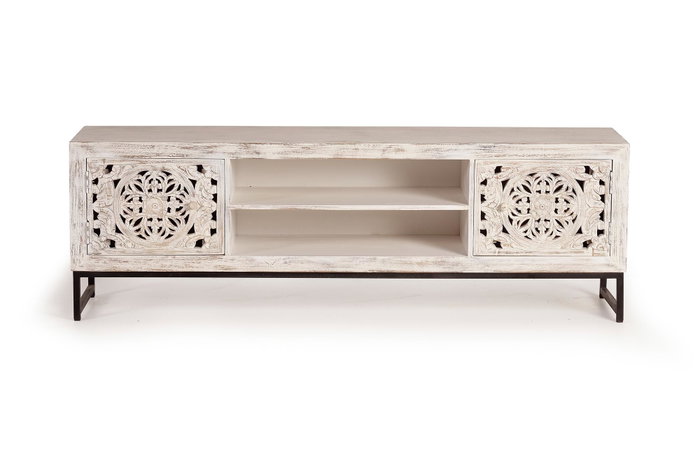 GINER Y COLOMER Meuble TV en bois de manguier sculpté et métal blanc